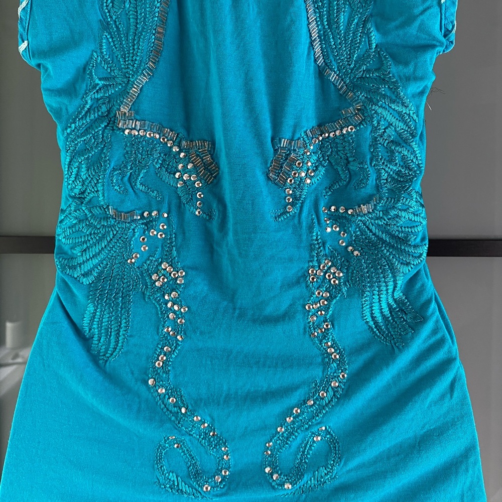 Parasuco turquoise v-neck top t-shirt with design - Picture 6 of 8